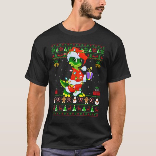 Xmas Lights Ugly Sweater Style Santa Crocodile Chr Tシャツ (正面)