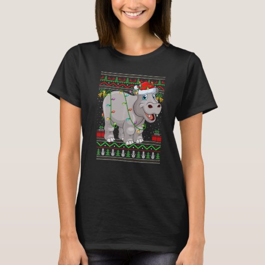 Xmas Lights Ugly Sweater Style Santa Hippopotamus  Tシャツ (正面)