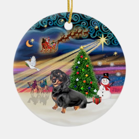 Xmas Magic - ダックスフント (ブラックタン 4) セラミックオーナメント (正面)