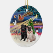 Xmas Magic - パグ（2匹：子犬+黒） セラミックオーナメント (右)