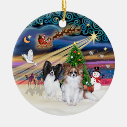 Xmas Magic - パピヨン (2羽-BW+Sable) セラミックオーナメント (正面)