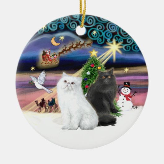 Xmas Magic - 白と黒のペルシャ猫 セラミックオーナメント (正面)