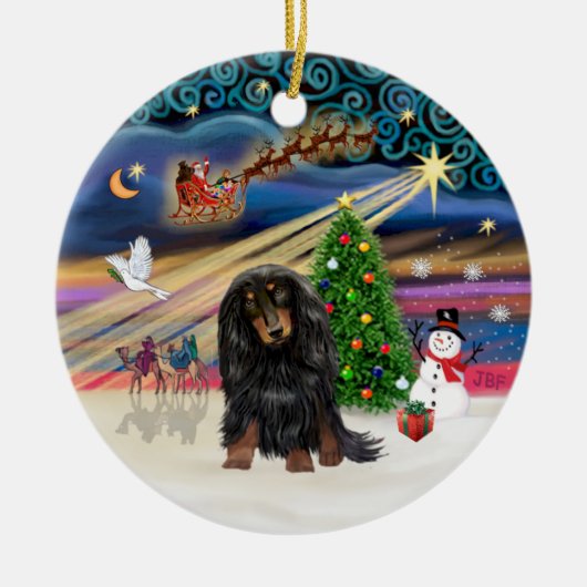 Xmas Magic - 長毛ダックスフント ブラックタン セラミックオーナメント (正面)