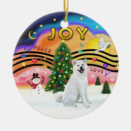Xmas Music - 秋田犬 (白) セラミックオーナメント (正面)