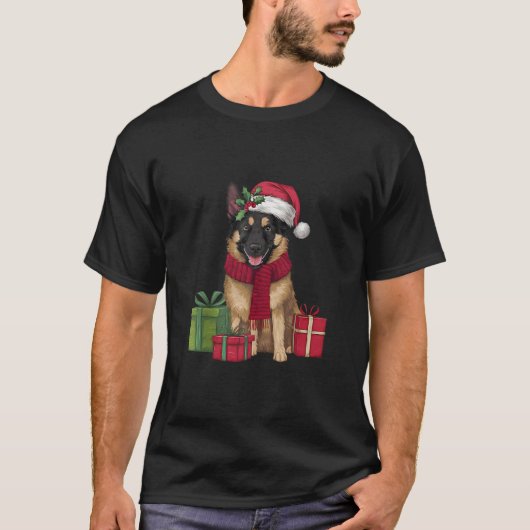 Xmas Party Decoration Santa Belgian Malinois Dog C Tシャツ (正面)