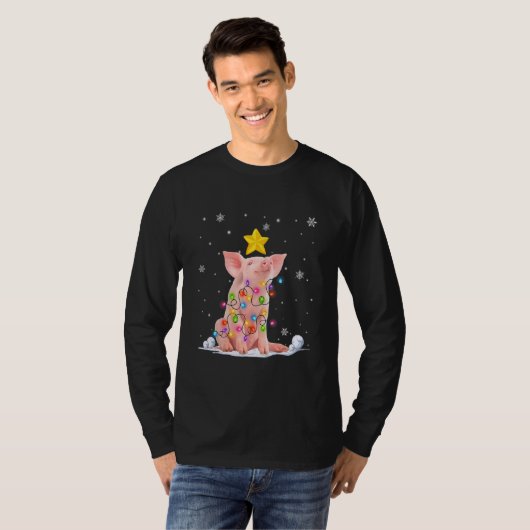 Xmas Pig Animals  Christmas Tree Lights Tシャツ (正面フル)