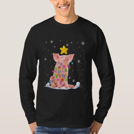 Xmas Pig Animals Christmas Tree Lights Tシャツ (正面)