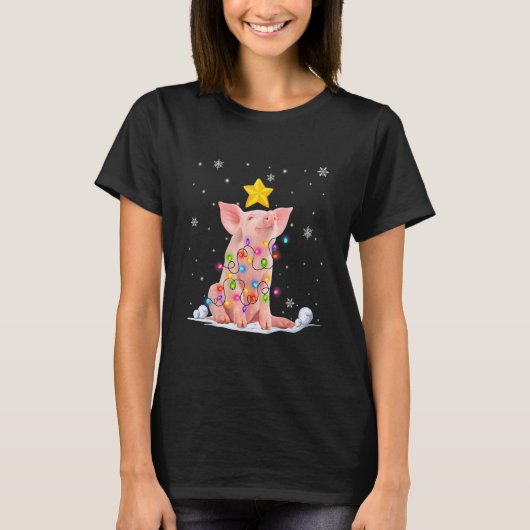 Xmas Pig Animals  Christmas Tree Lights Tシャツ (正面)