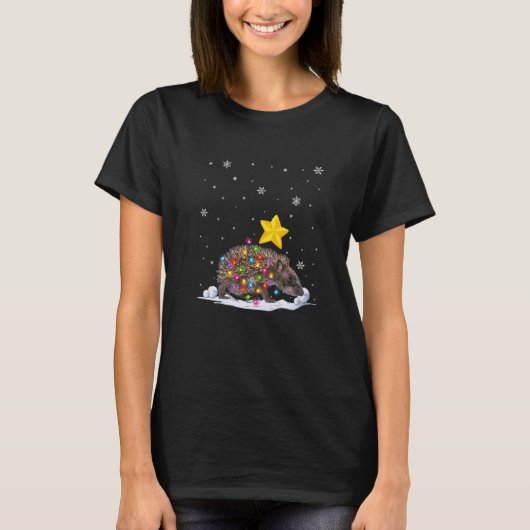 Xmas Porcupine Animals Christmas Tree Lights Tシャツ (正面)