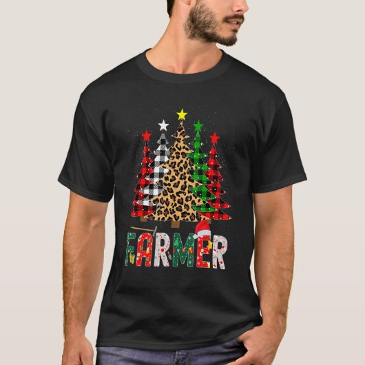 Xmas Santa Farmer Leopard Plaid Print Christmas Tr Tシャツ (正面)