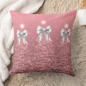 Xmas Sparkling Trees Blush Pink Faux White Bow  クッション (ブランケット)