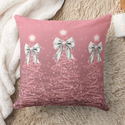 Xmas Sparkling Trees Blush Pink Faux White Bow  クッション (ブランケット)