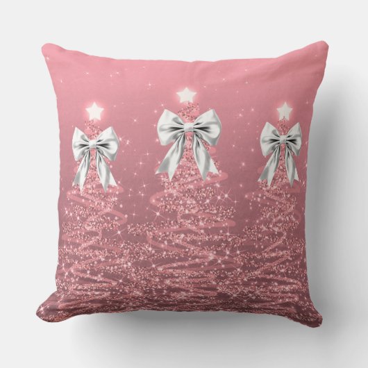 Xmas Sparkling Trees Blush Pink Faux White Bow  クッション (正面)