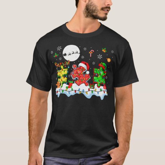 Xmas Three Santa Reindeer Elf Autism Awareness Puz Tシャツ (正面)