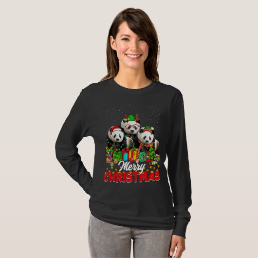Xmas Tree Lights Christmas Pajama Panda Bear Anima Tシャツ (正面フル)