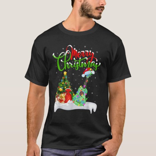 Xmas Tree Lights Santa Hat Musical Ukulele Guitar  Tシャツ (正面)