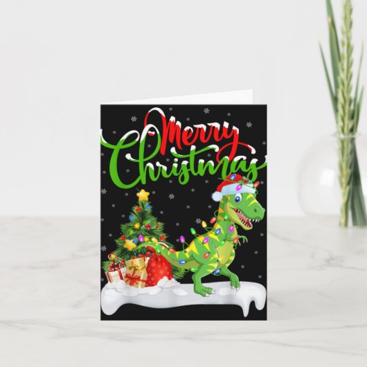 Xmas Tree Lights Santa Hat T Rex Dinosaur Christma カード (正面)