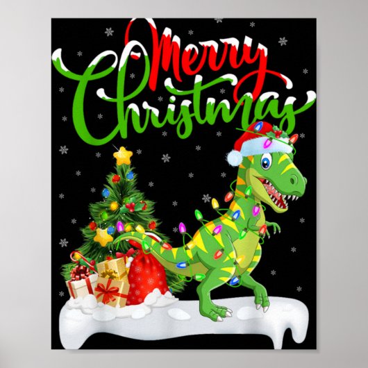 Xmas Tree Lights Santa Hat T Rex Dinosaur Christma ポスター (正面)