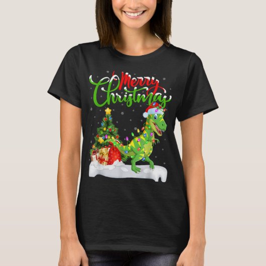 Xmas Tree Lights Santa Hat T Rex Dinosaur Christma Tシャツ (正面)