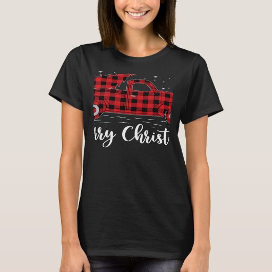 Xmas Tree Red Buffalo Plaid Red Truck Merry Christ Tシャツ (正面)