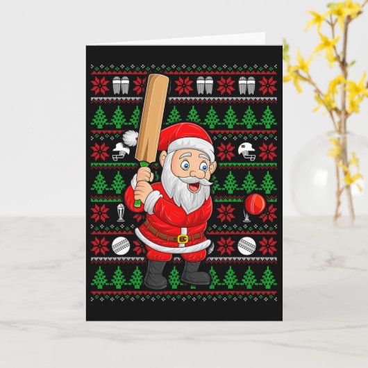 Xmas Ugly Sweater Style Santa Playing Cricket Chri カード (黄色い花)