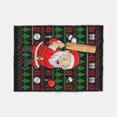 Xmas Ugly Sweater Style Santa Playing Cricket Chri フリースブランケット (正面(横))