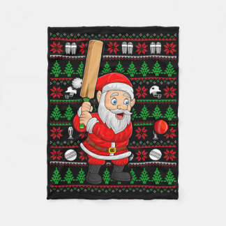 Xmas Ugly Sweater Style Santa Playing Cricket Chri フリースブランケット