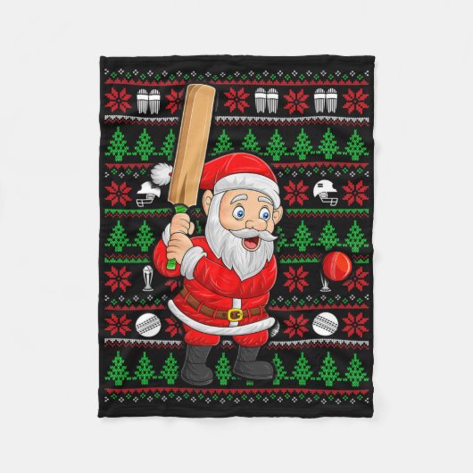 Xmas Ugly Sweater Style Santa Playing Cricket Chri フリースブランケット (正面)