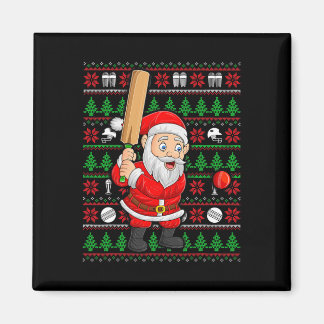 Xmas Ugly Sweater Style Santa Playing Cricket Chri マグネット