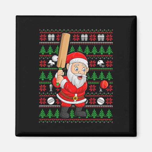 Xmas Ugly Sweater Style Santa Playing Cricket Chri マグネット (正面)
