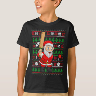 Xmas Ugly Sweater Style Santa Playing Cricket Chri Tシャツ