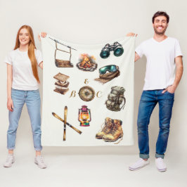 Xmas Vintage Rustic Ski Couple Initials Off White フリースブランケット