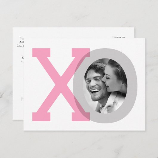XOグレーピンク結婚の日救付き写真はがき 案内ポストカード (正面/裏面)