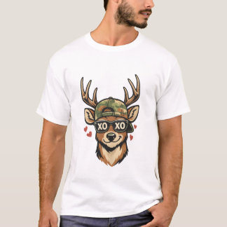 XO Deer in Camouflage Hat – Funny Valentine Design Tシャツ