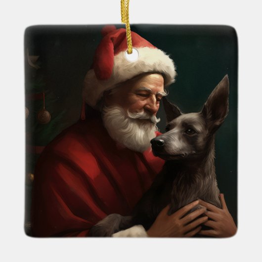 Xoloitzcuintliとサンタクロースフェスティバルクリスマス セラミックオーナメント (正面)