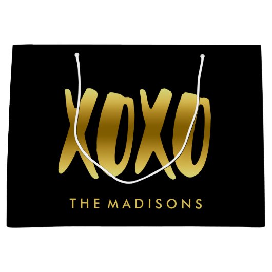 XOXOの抱擁およびキスのフェイクな金ゴールドのタイポグラフィの黒 ラージペーパーバッグ (正面)