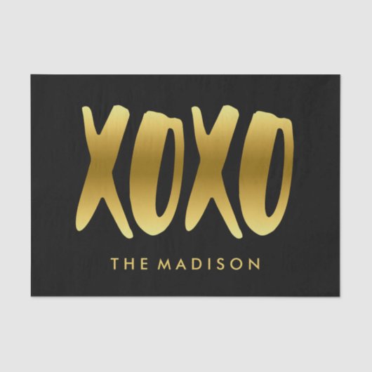 XOXOの抱擁およびキスのフェイクな金ゴールドのタイポグラフィの黒 薄葉紙 (正面)