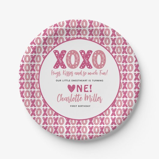 XOXOハグ&キスバレンタインデー1st誕生日 ペーパープレート (正面)