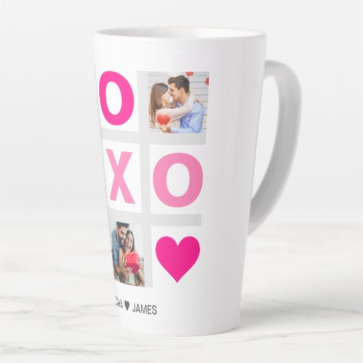 XOXOハッピーバレンタインデーピンクハートカスタム写真 カフェラテマグ (右アングル)
