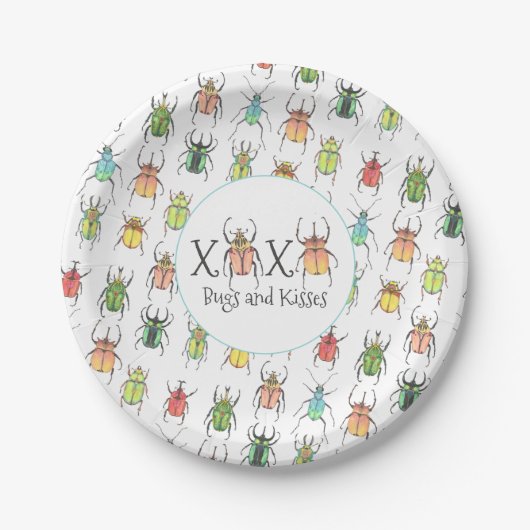 XOXOバレンタインのピンクのバグとキスロブバグ ペーパープレート (正面)