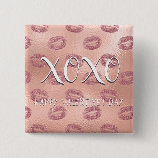 XOXOバレンタインデーピンクローズ金ゴールドリップスティック 缶バッジ (正面)