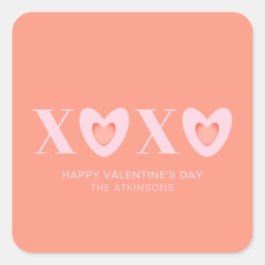 XOXOピンクと桃のハートタイポグラフィモダンかわいい スクエアシール (正面)