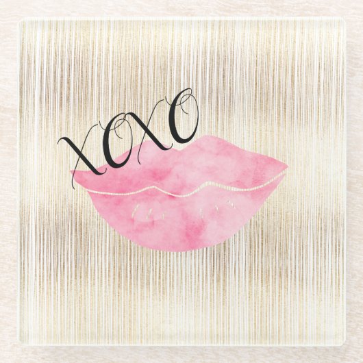 XOXOピンクの水色の唇 ガラスコースター (正面)