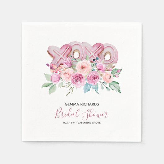 XOXOピンククッキーかわいらしフローラブライダルシャワー スタンダードカクテルナプキン (正面)