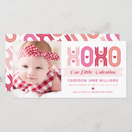 XOXOピンクバレンタイン写真少女の誕生のお知らせ シーズンカード (正面/裏面)