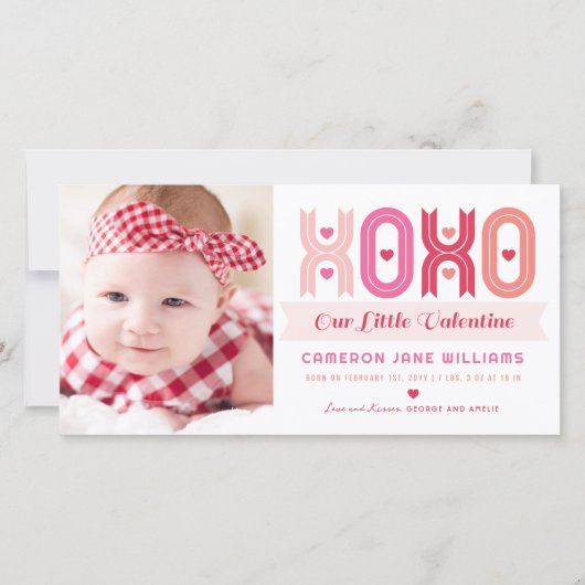 XOXOピンクバレンタイン写真少女の誕生のお知らせ シーズンカード (正面)