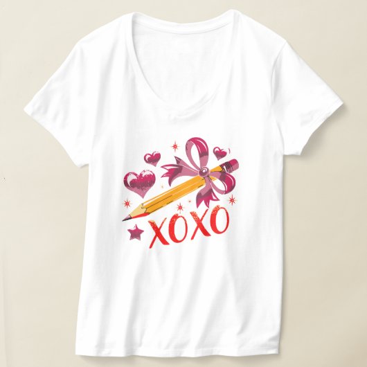 XOXOピンクリボンペンシルハート Tシャツ (レイダウン)