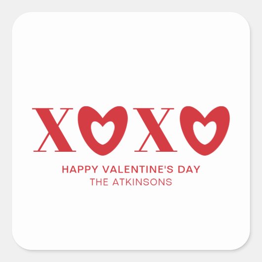 XOXOホワイト赤いハートタイポグラフィモダンかわいい スクエアシール (正面)