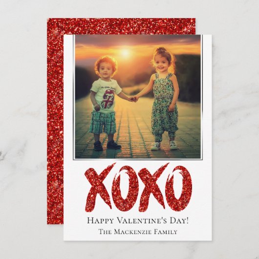 XOXOレッドグリッター |ブラシストローク写真のバレンタインデー シーズンカード (正面/裏面)