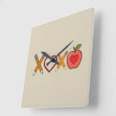 XOXO先生バレンタインデー鉛筆とリンゴ スクエア壁時計 (傾斜)